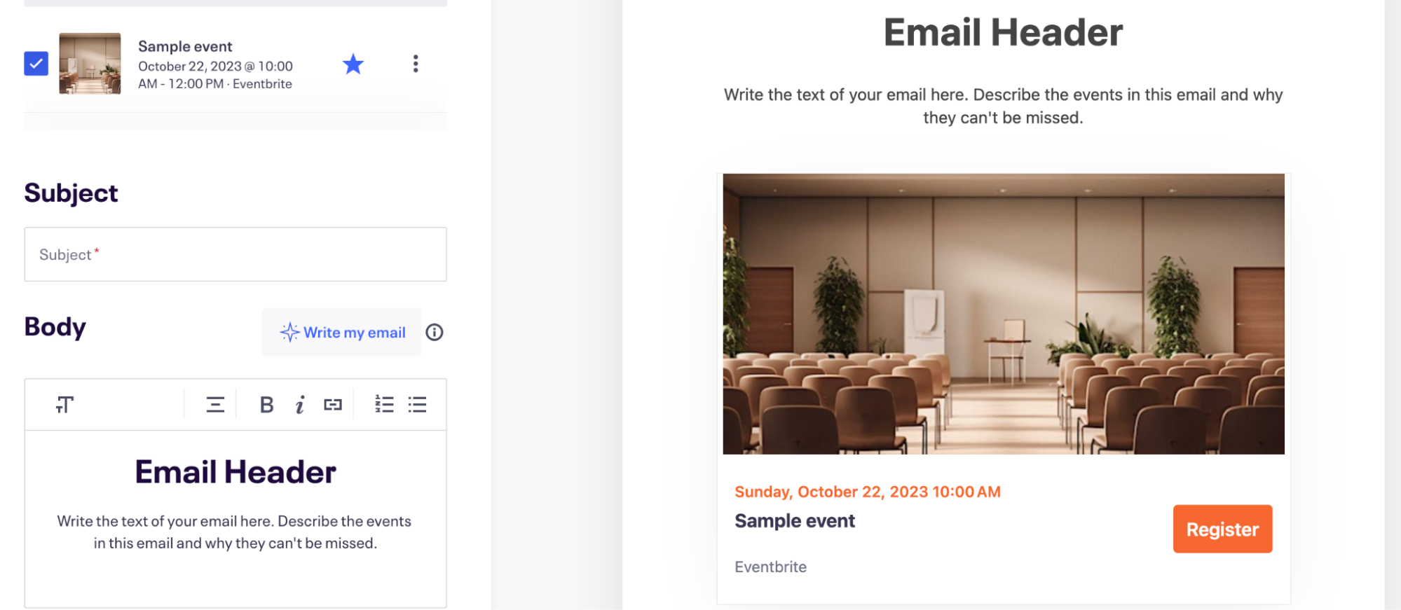 A screenshot Eventbrite's email platform