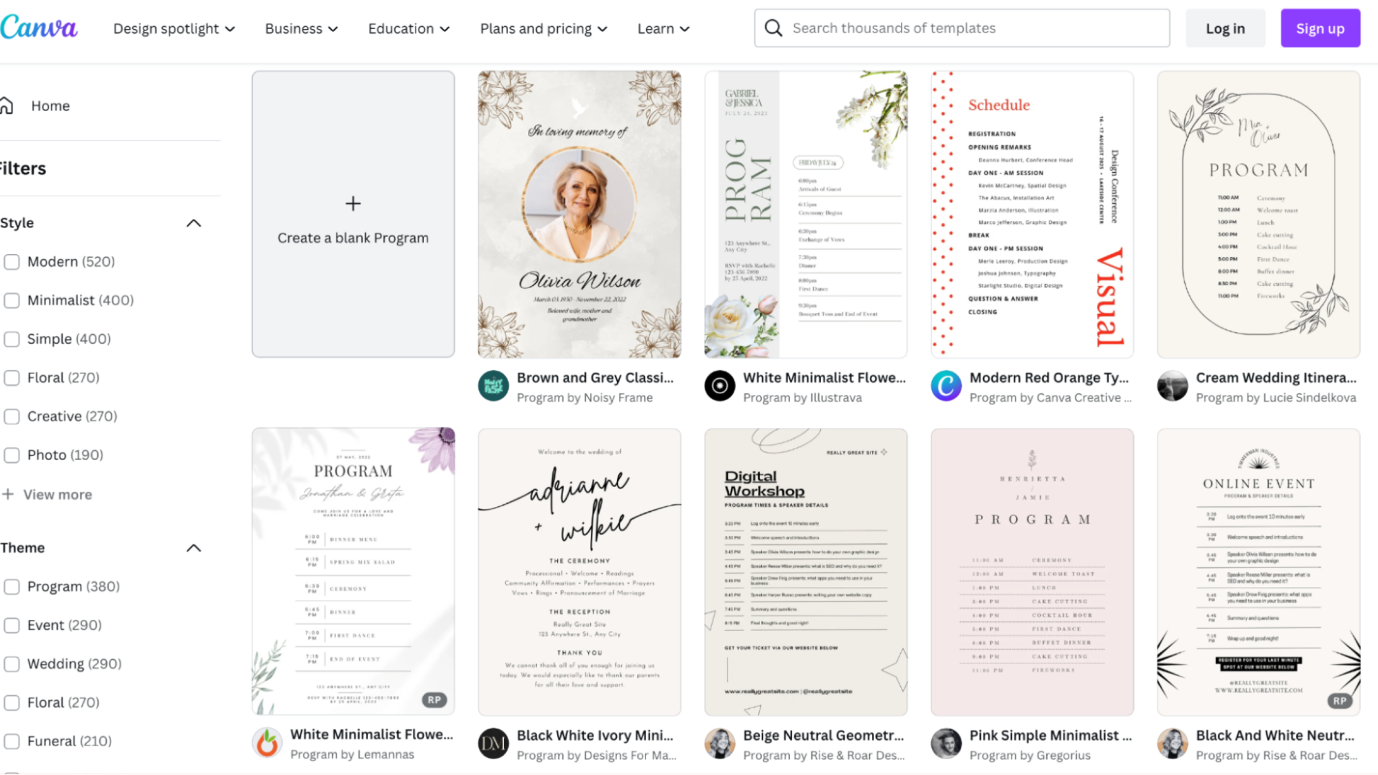 Screenshot of event program templates on Canva