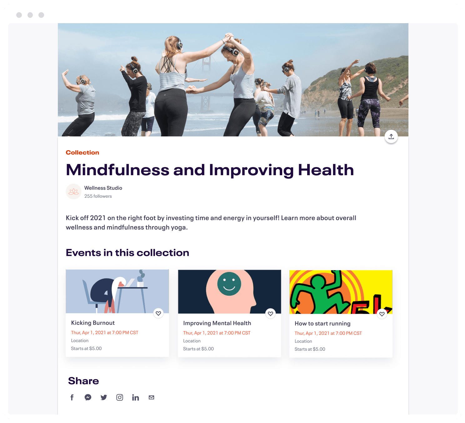 This is a screenshot of the Collections page to serve as an example. The images featured are a range of events focussing on mindfulness and health.