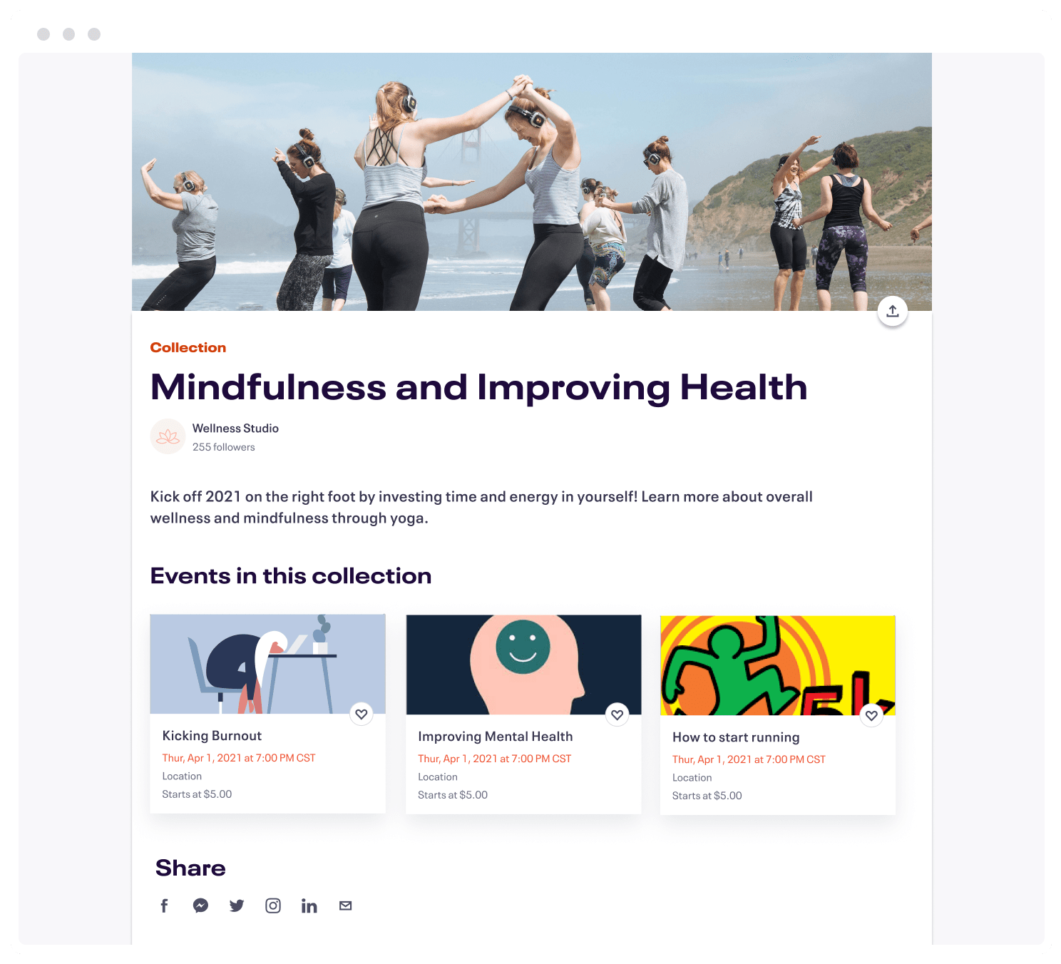 This is a screenshot of the collections page to serve as an example. The images featured are a range of events focussing on mindfulness and health.