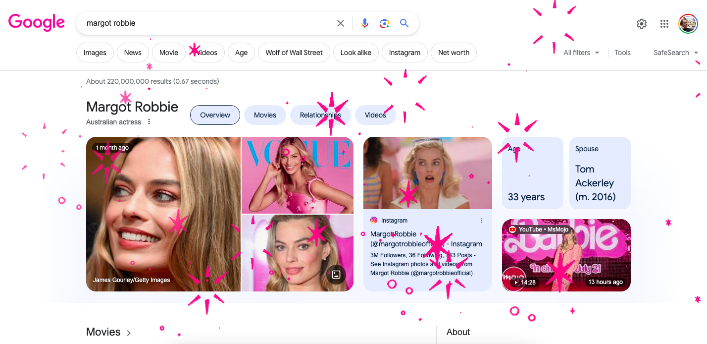 Sparkles on the Google search results for Margot Robbie
