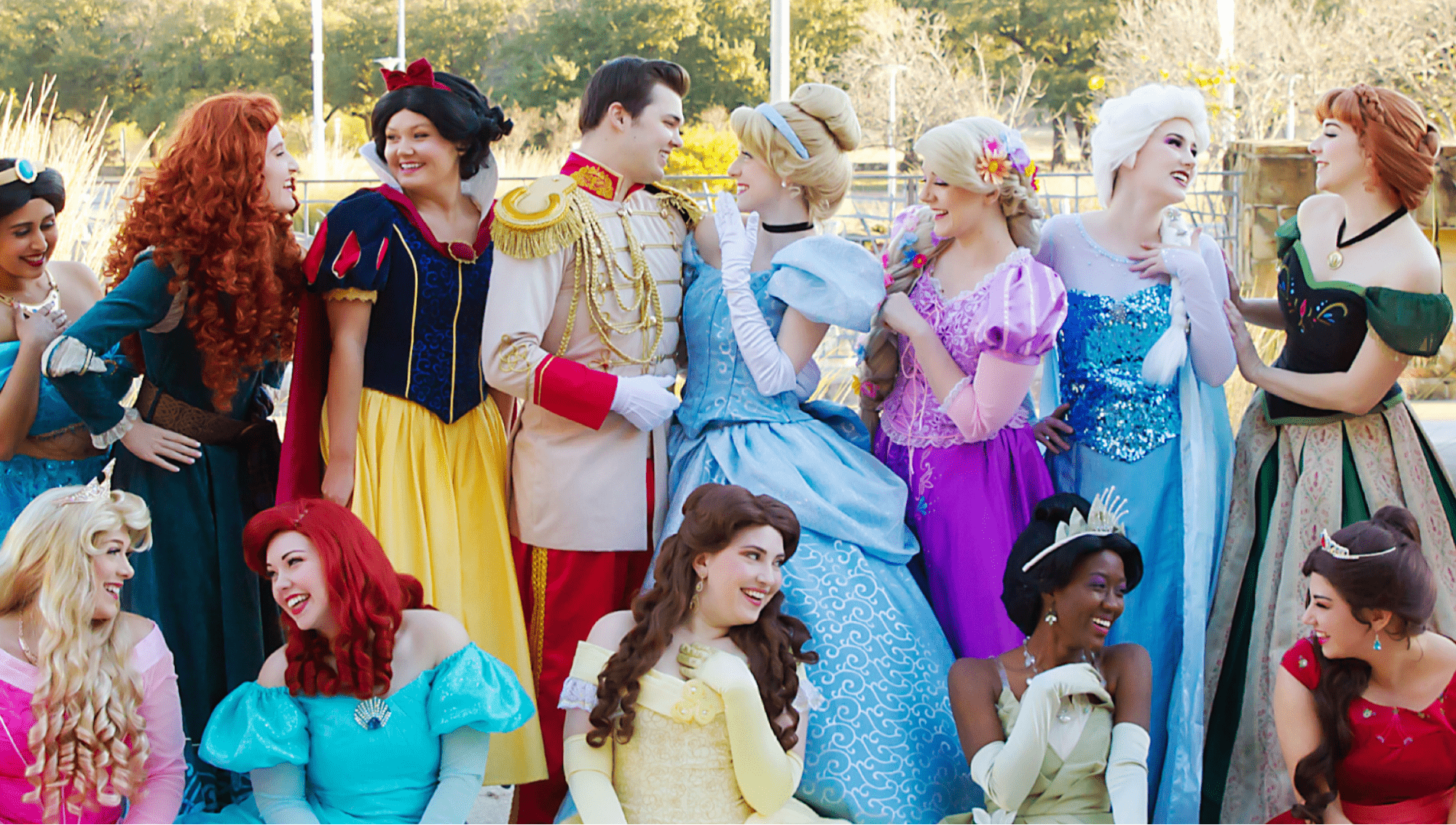 Group of princesses and a prince at an experiential marketing event