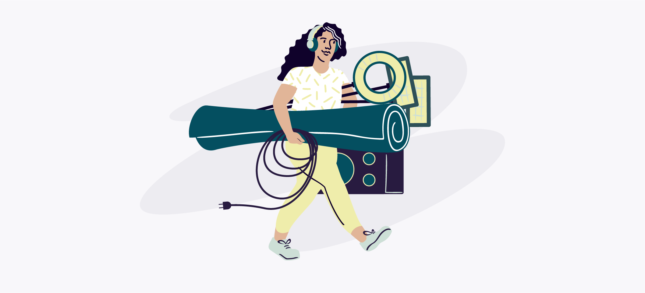 A graphic of a woman carrying music event supplies.