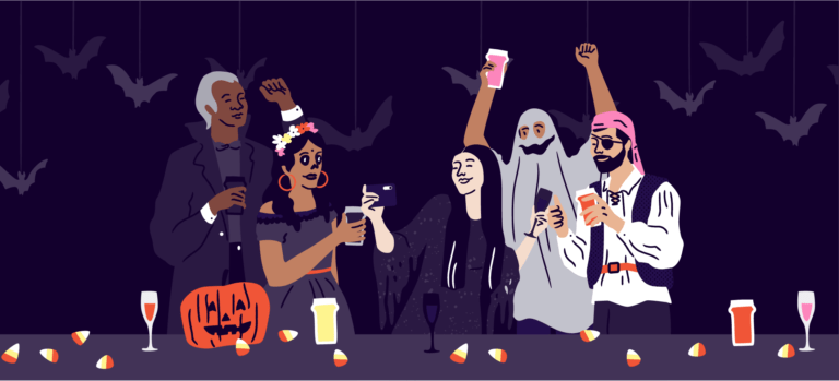 A graphic of people in costumes at a Halloween event.