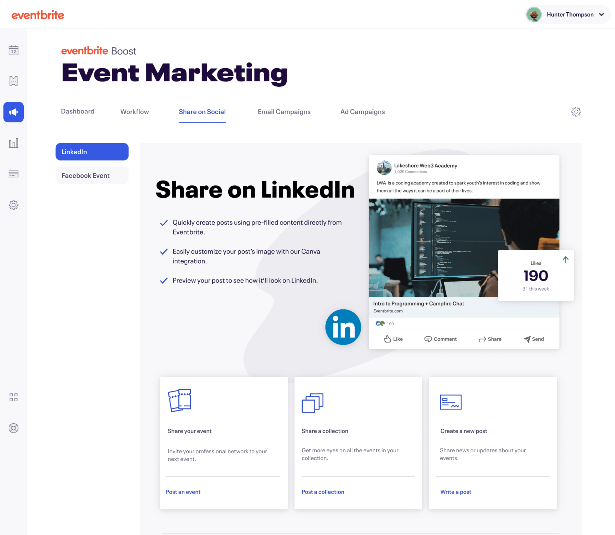 Eventbrite Boost's Share on LinkedIn interface