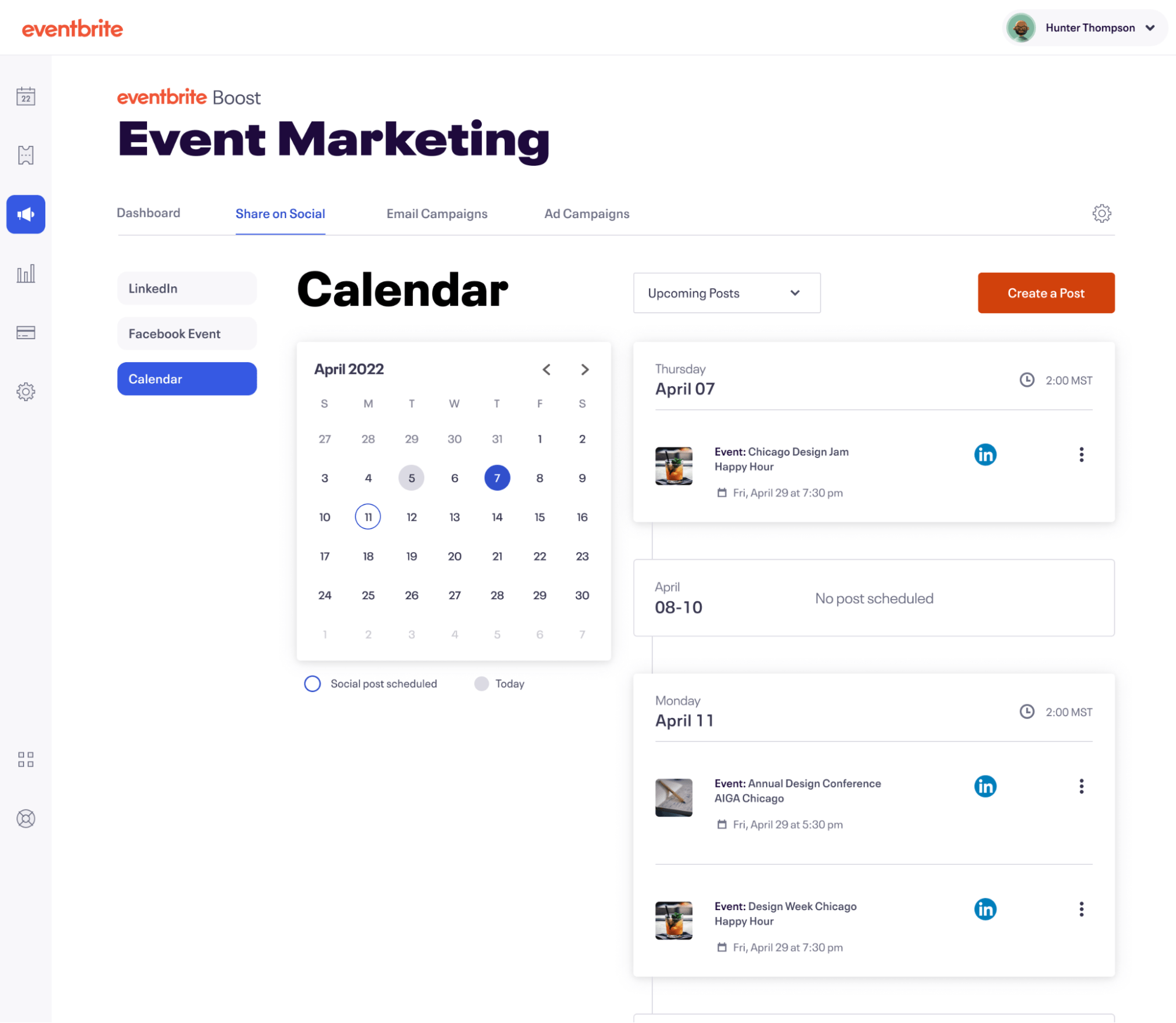 Eventbrite Boost's Share to LinkedIn calendar view 