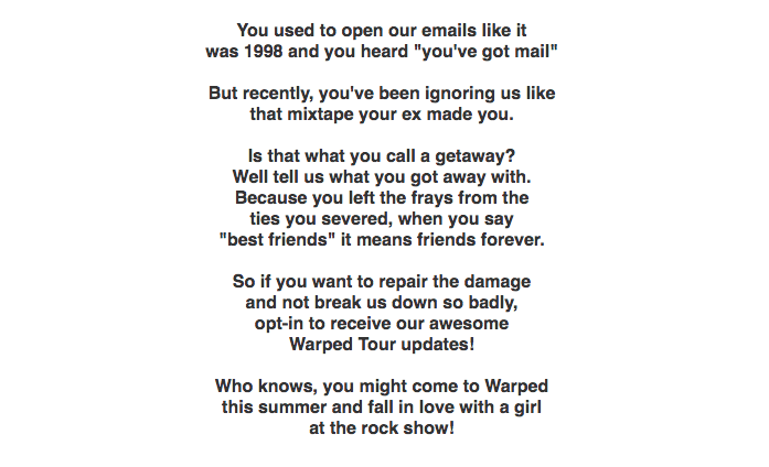 Warped Tour event email 