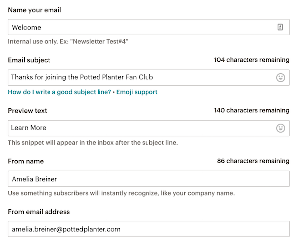 Mailchimp preview text, from name, and from email address