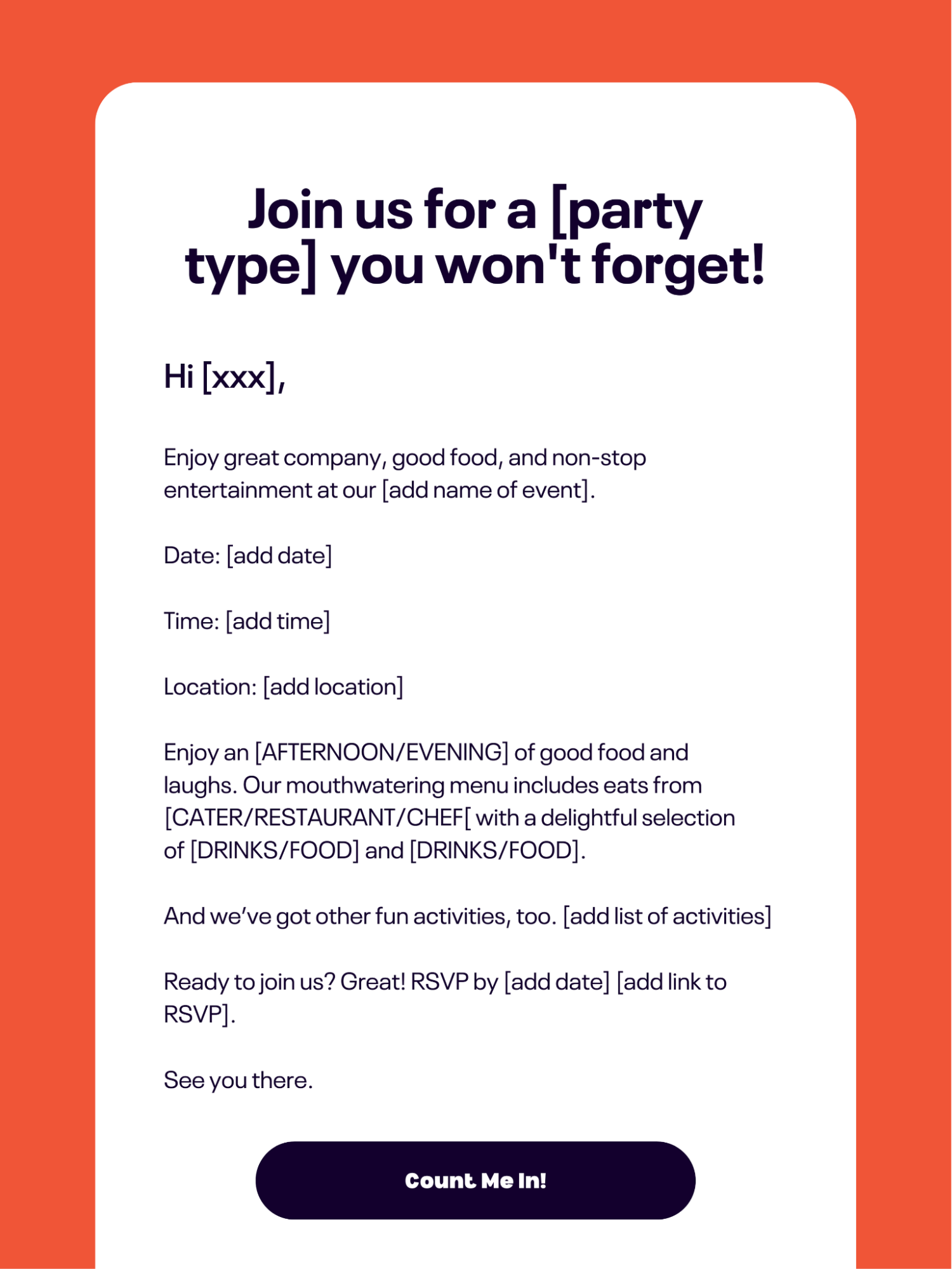 Template with party invitation email text