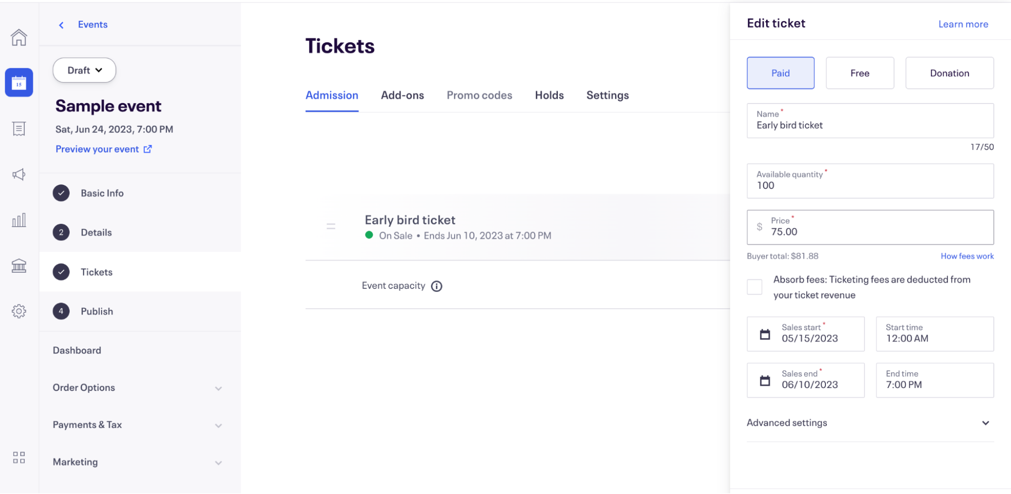 Screenshot showing how to create earlybird tickets