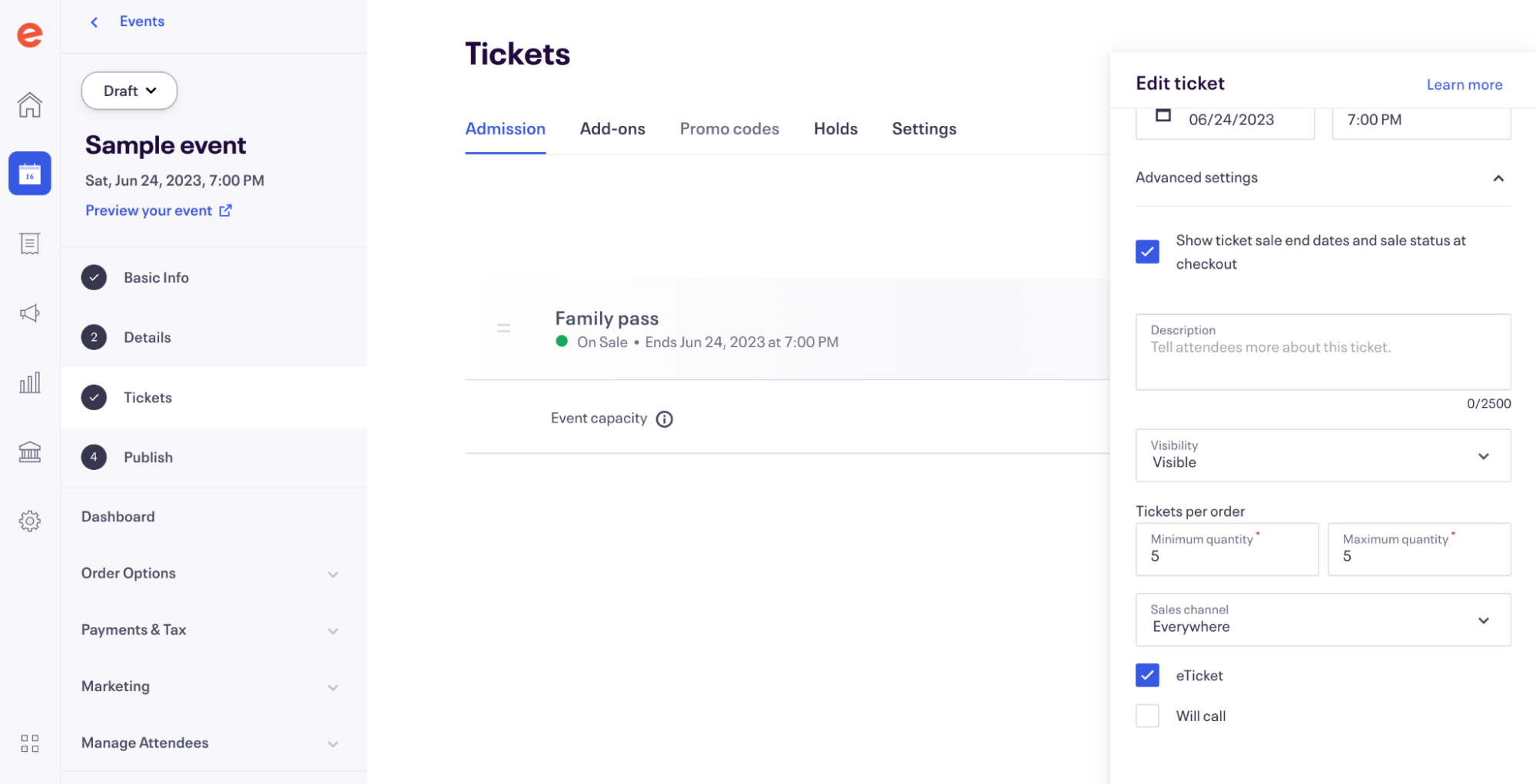 Screenshot showing how to create family passes with Eventbrite