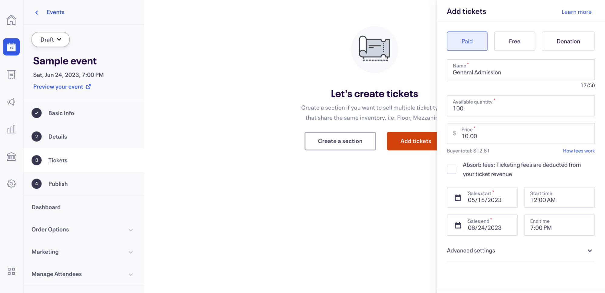 Screenshot of creating general admission tickets in Eventbrite