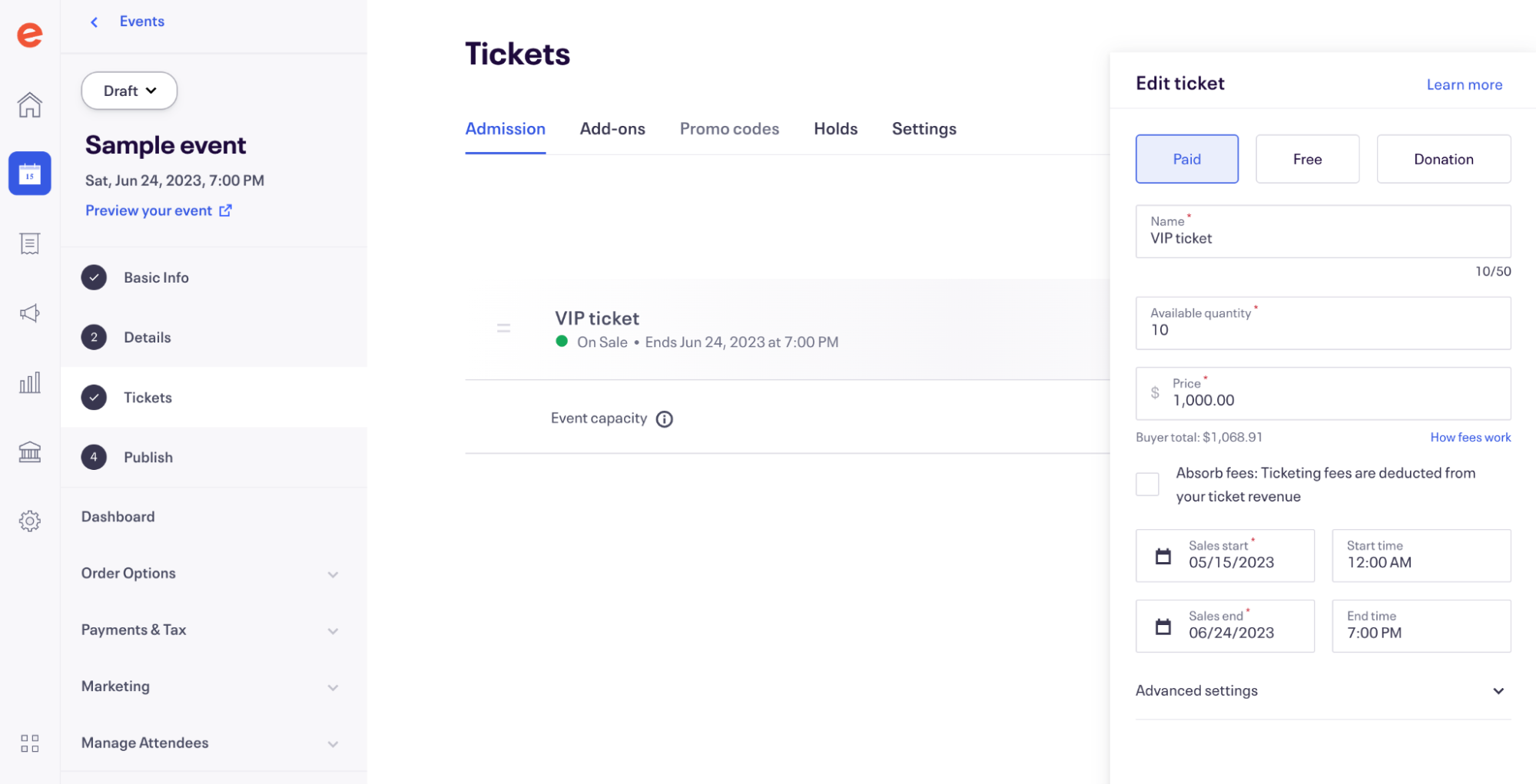 Screenshot showing how to create VIP tickets