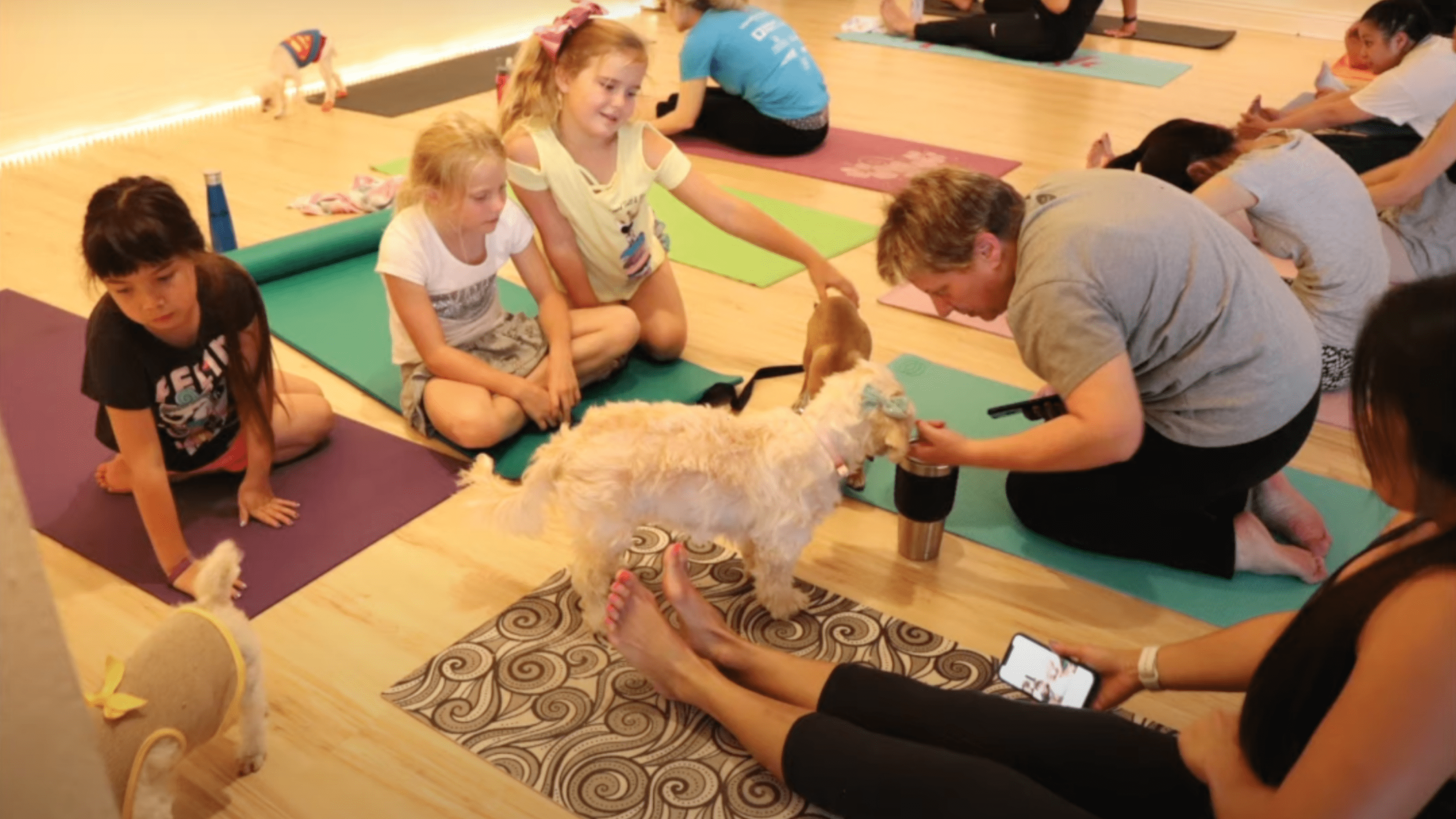 Adults and children doing yoga with puppies