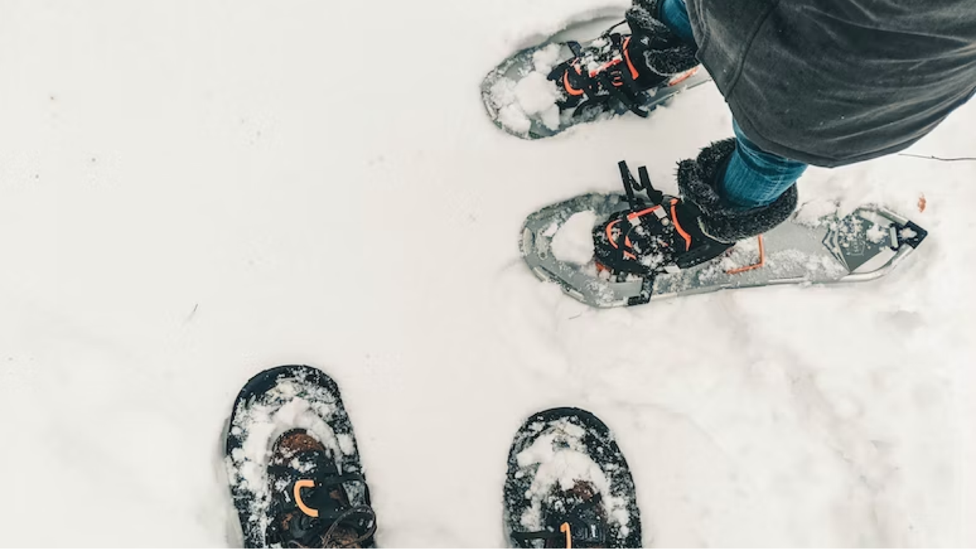 Close-up view of people wearing snow shoes