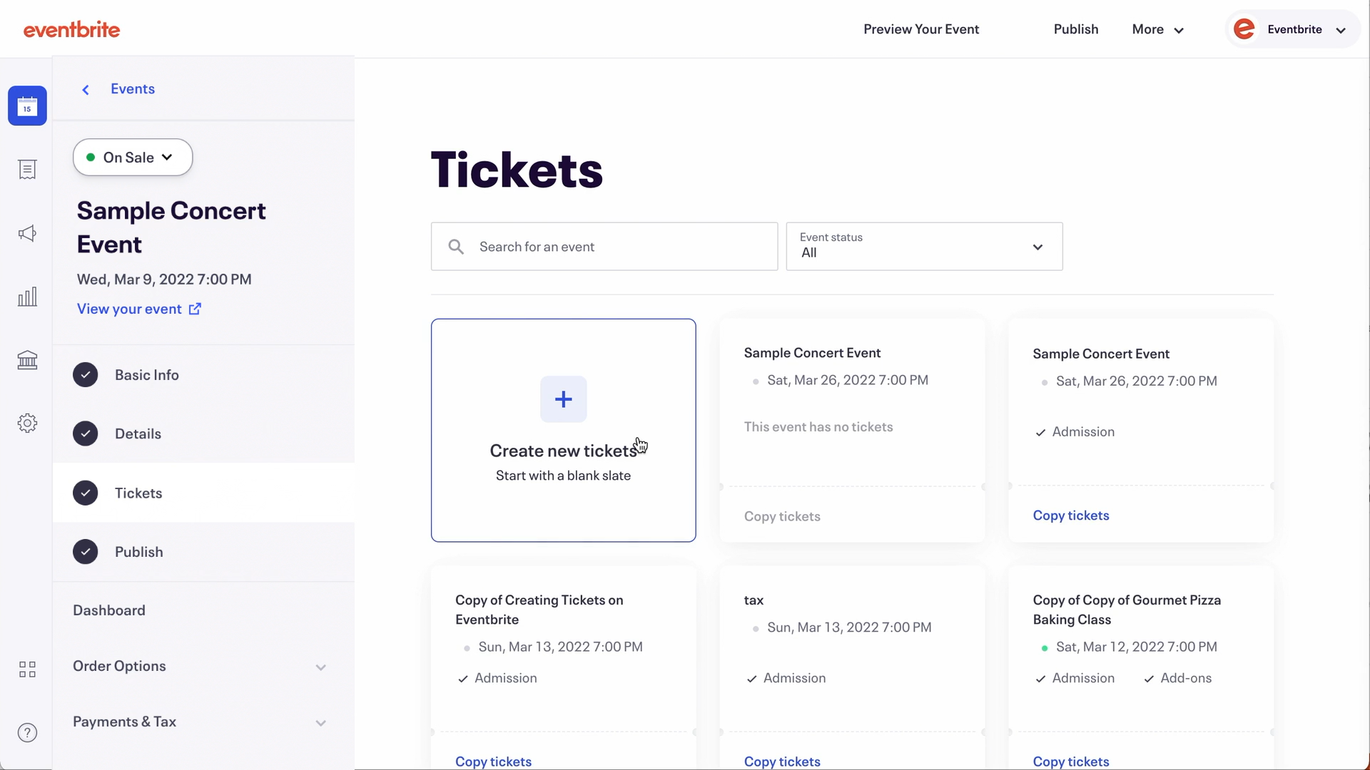 Screenshot of second step in ticket creation process on Eventbrite