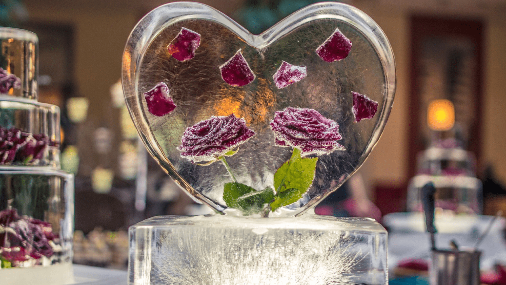 Heart-shaped ice sculpture on table