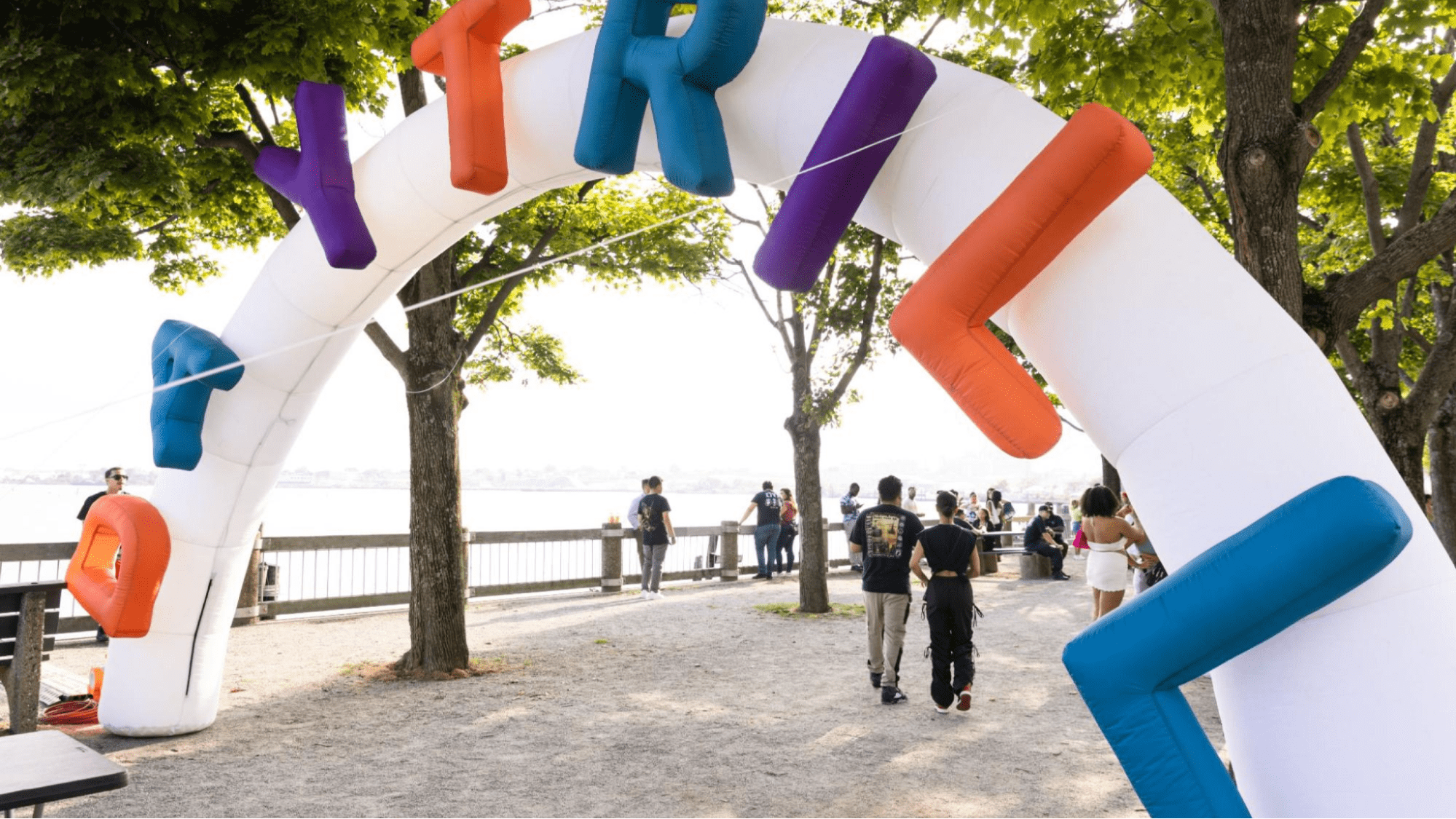 An inflatable archway at a block party