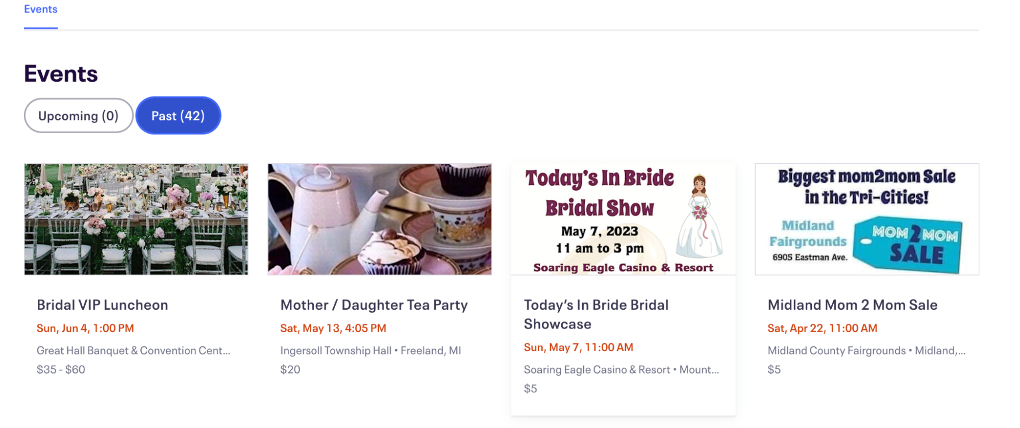 Screenshot of past events on an Eventbrite page