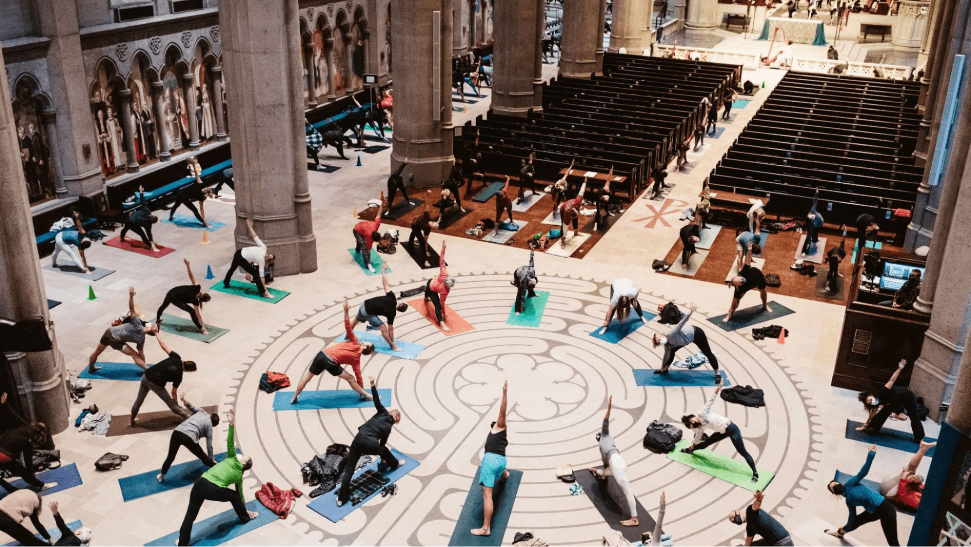 Large yoga session in Grace Cathedral