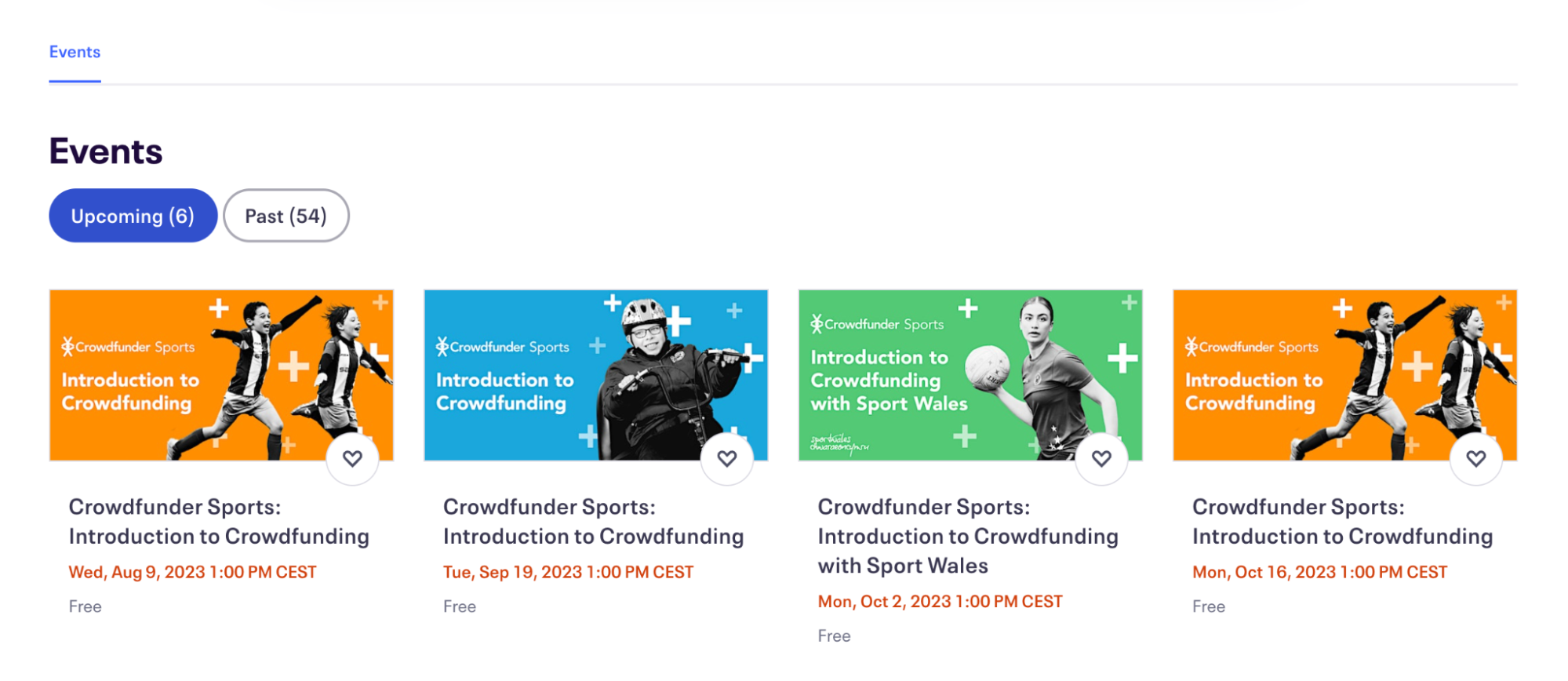 Screenshot of upcoming events on an Eventbrite page