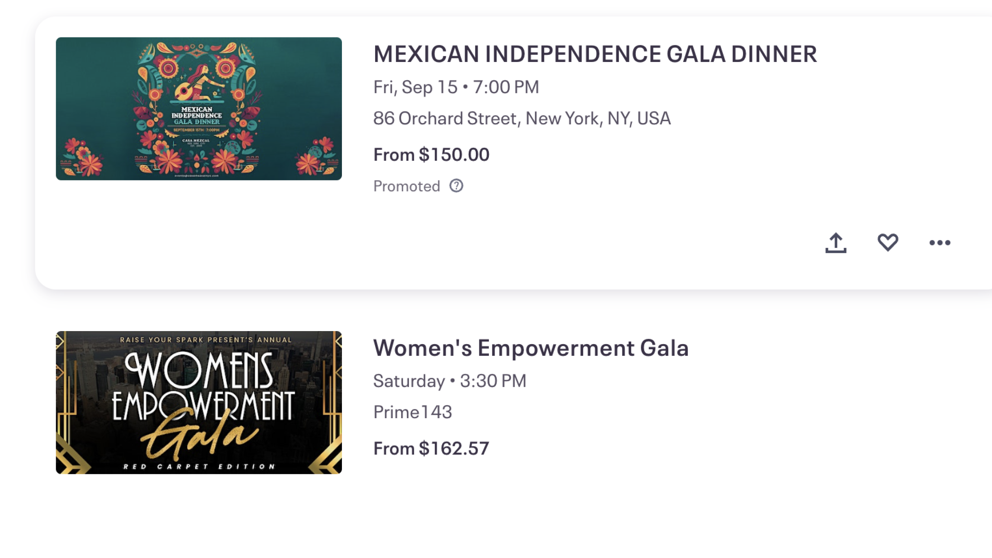 A screenshot of upcoming events on Eventbrite
