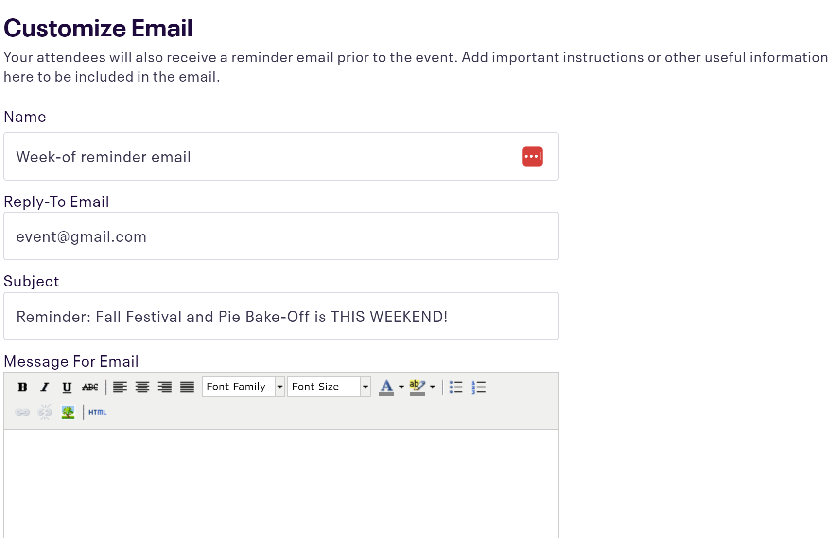 Writing an email on Eventbrite
