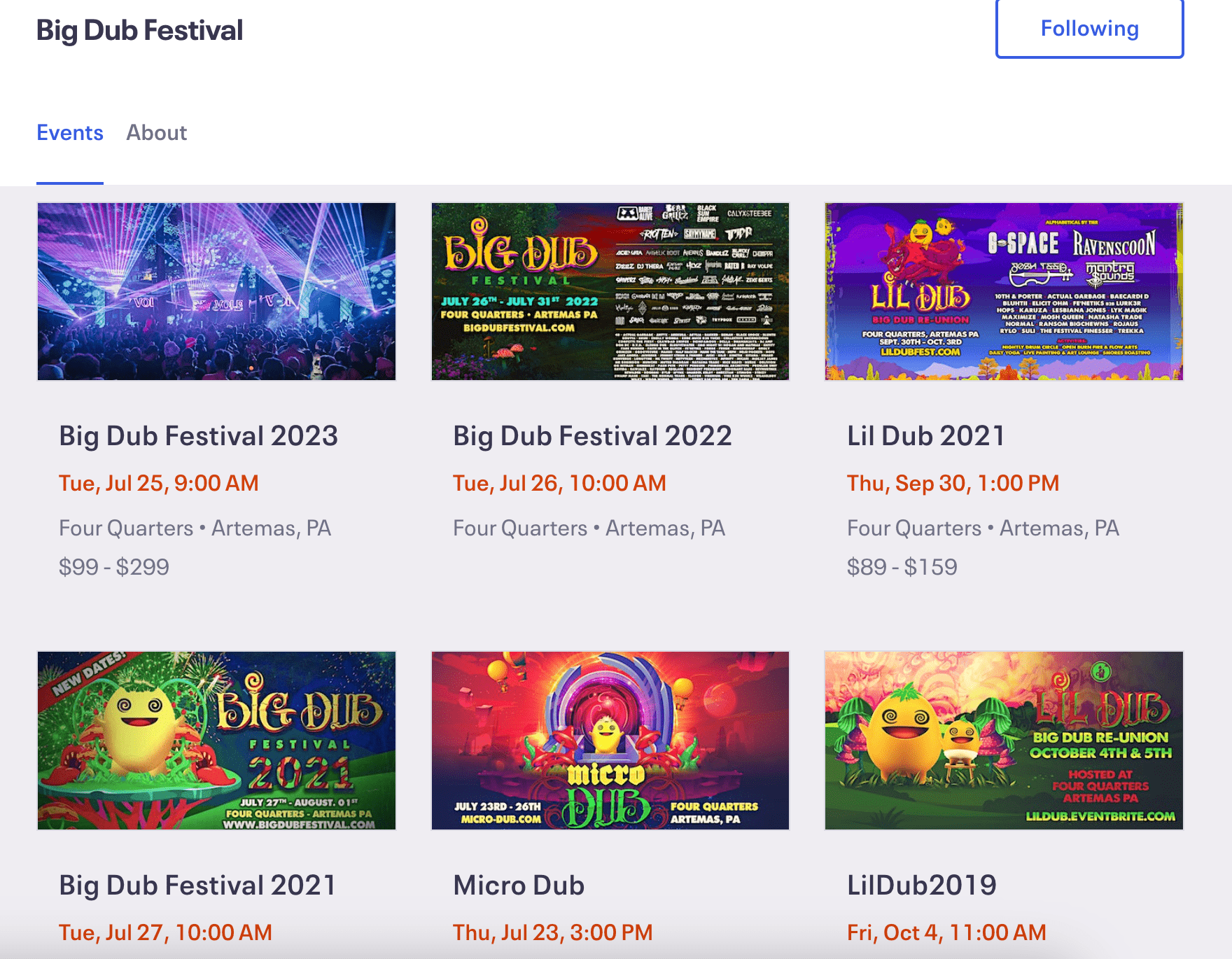 Big dub Eventbrite listings page 