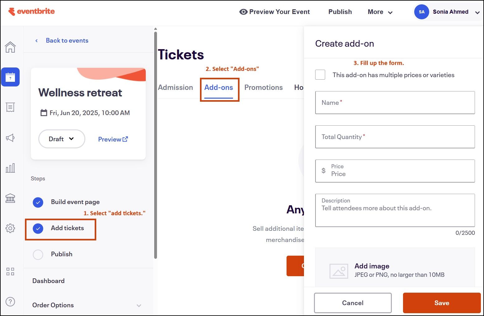 screenshot of how to create an addon in Eventbrite