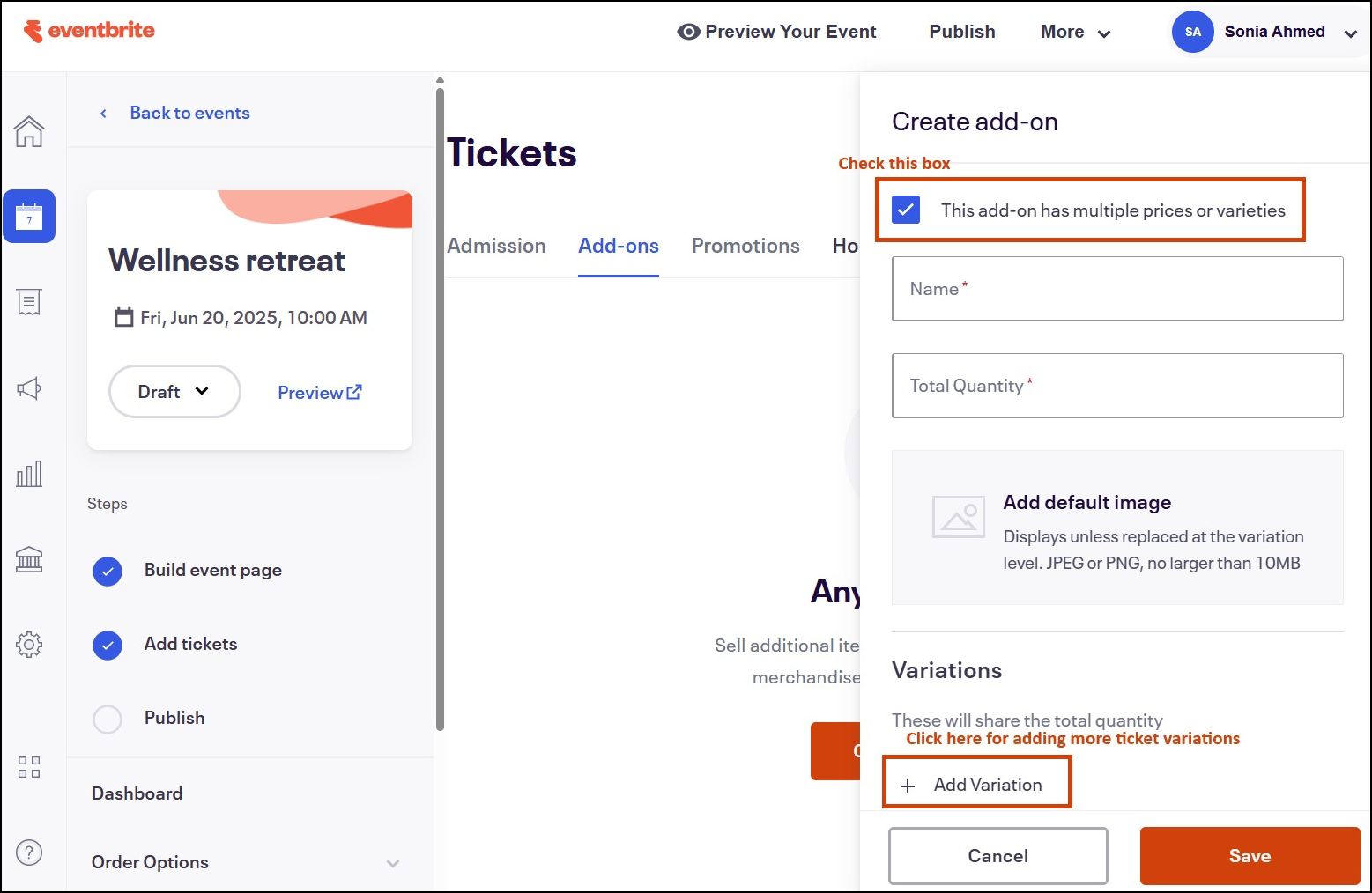 screenshot of how to create an addon in Eventbrite