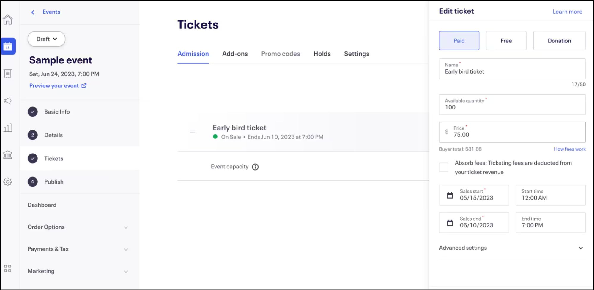 screenshot of early bird ticket