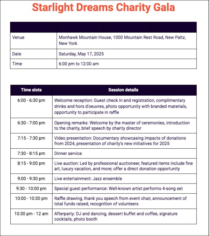 event schedule template filled