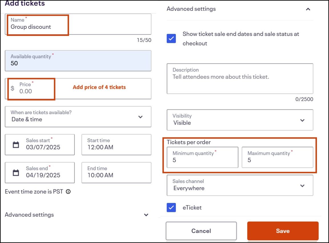 screenshot of group discount bundle tickets