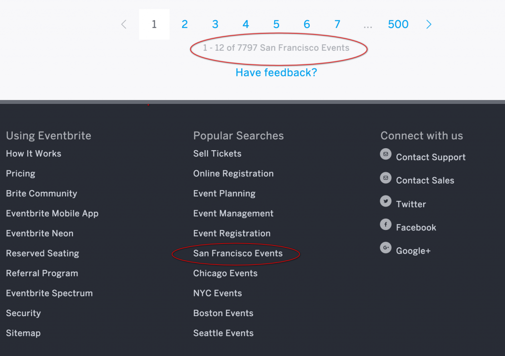 Example of keywords in footer on Eventbrite's San Francisco directory page