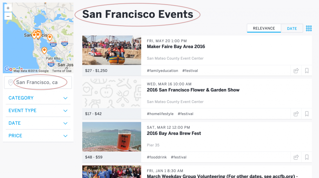 example of keyword on Eventbrite's San Francisco directory page