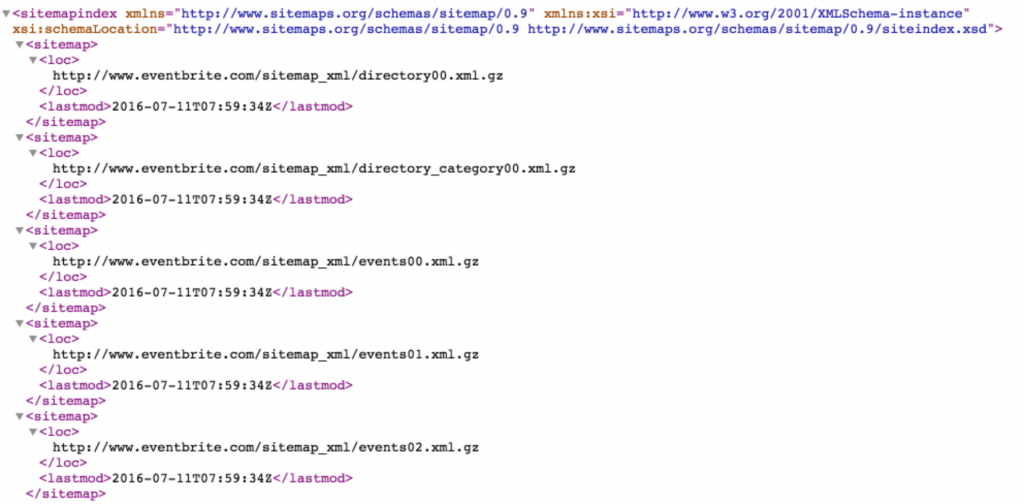 A snippet of Eventbrite's sitemap index