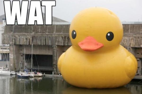A massive inflatable rubber ducky floating in front of a pier and building.